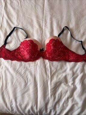 Victoria's Secret Red Lace Push-Up Bra with Black Straps